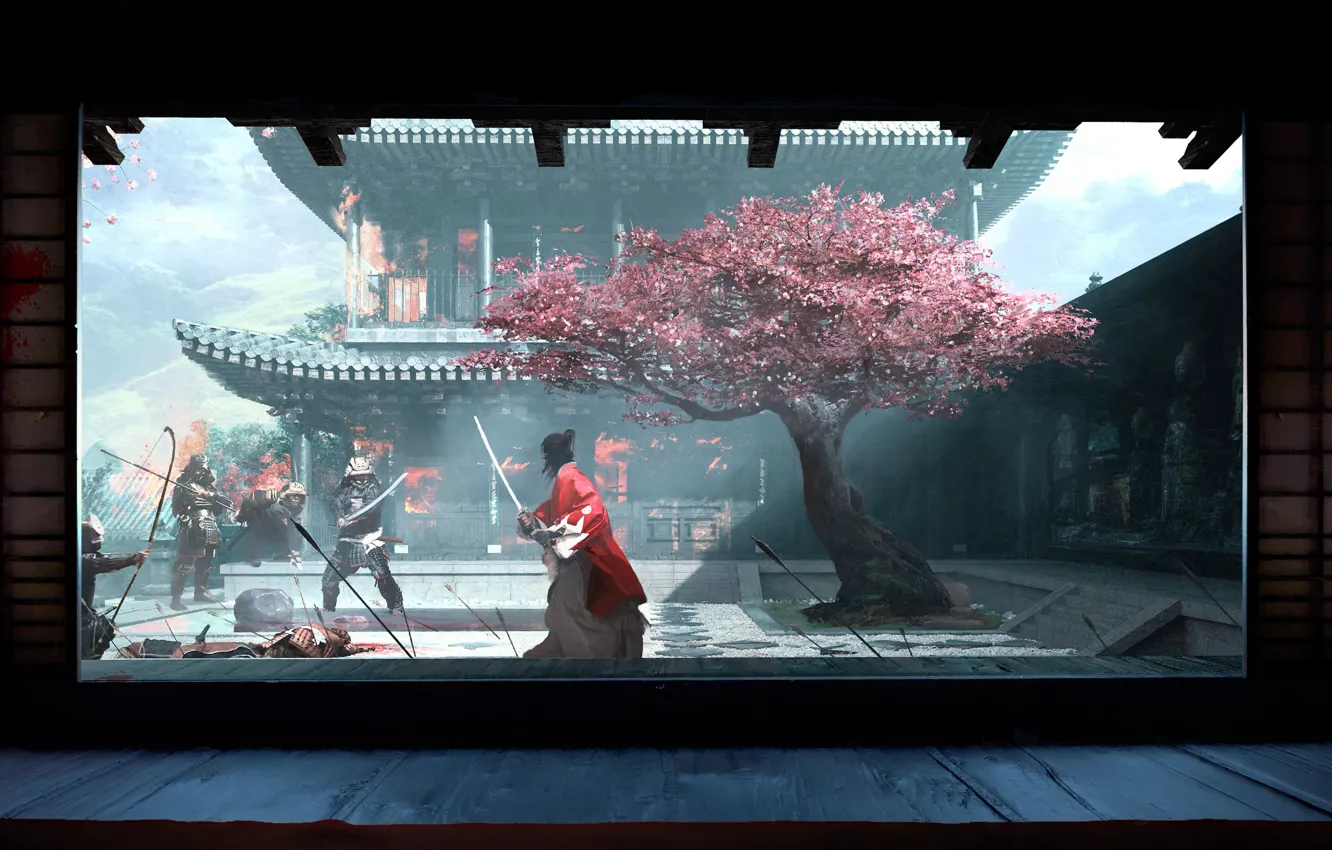 Photo wallpaper sword, fantasy, flowers, katana, tree, peach, battle, samurai