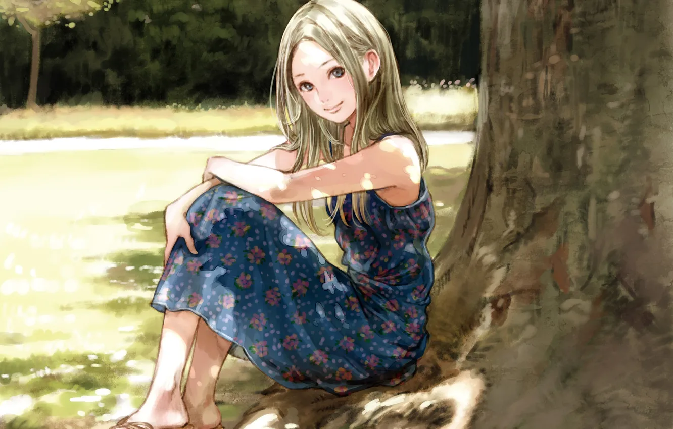 Photo wallpaper grass, girl, nature, tree, anime, art, sitting, sundress