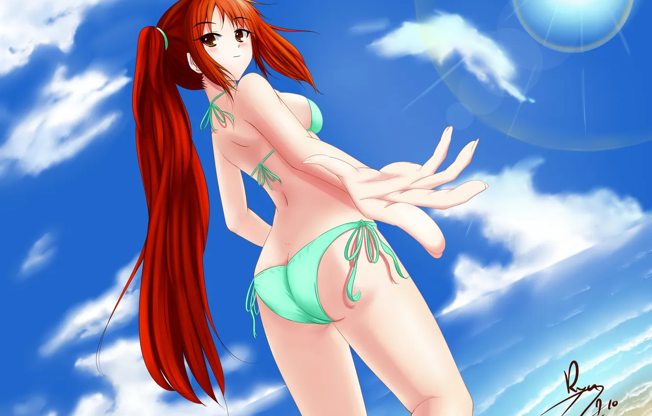 Photo wallpaper sea, beach, look, girl, smile, bikini, gesture, art