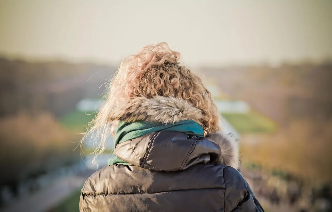 Photo wallpaper girl, hair, blonde, hood, curls, curls