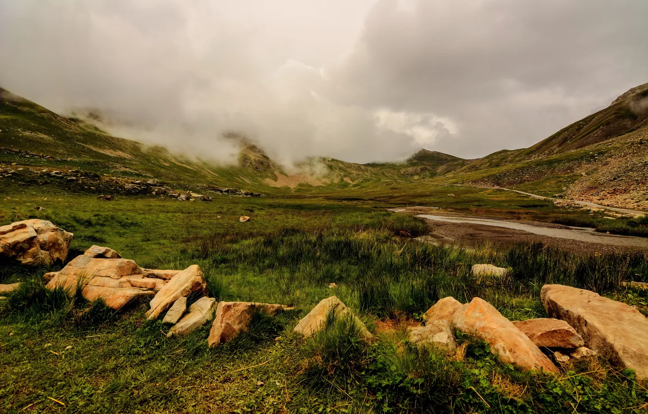 Photo wallpaper grass, clouds, mountains, stones, France, Alps, Alpes