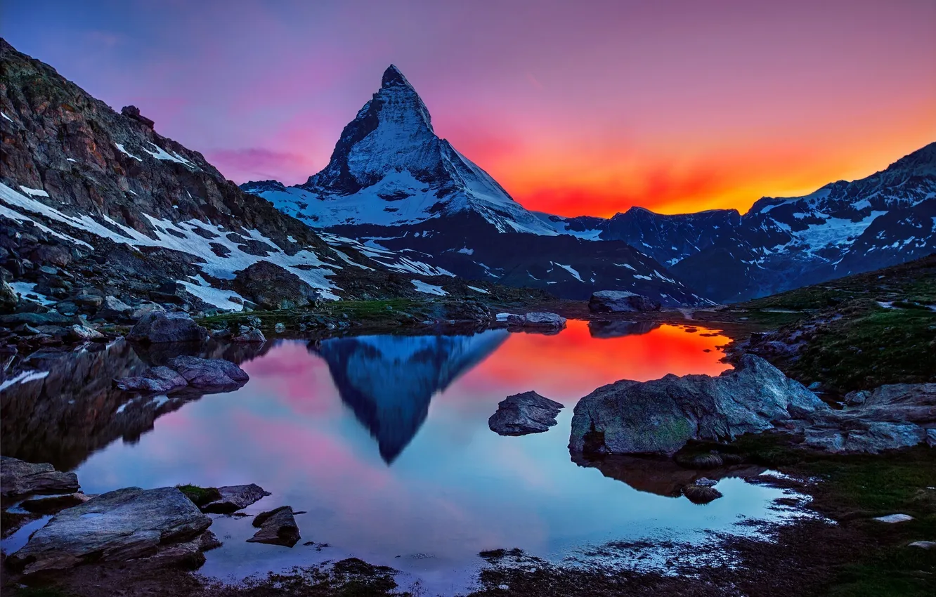 Photo wallpaper the sky, light, snow, mountains, nature, lake, reflection, dawn