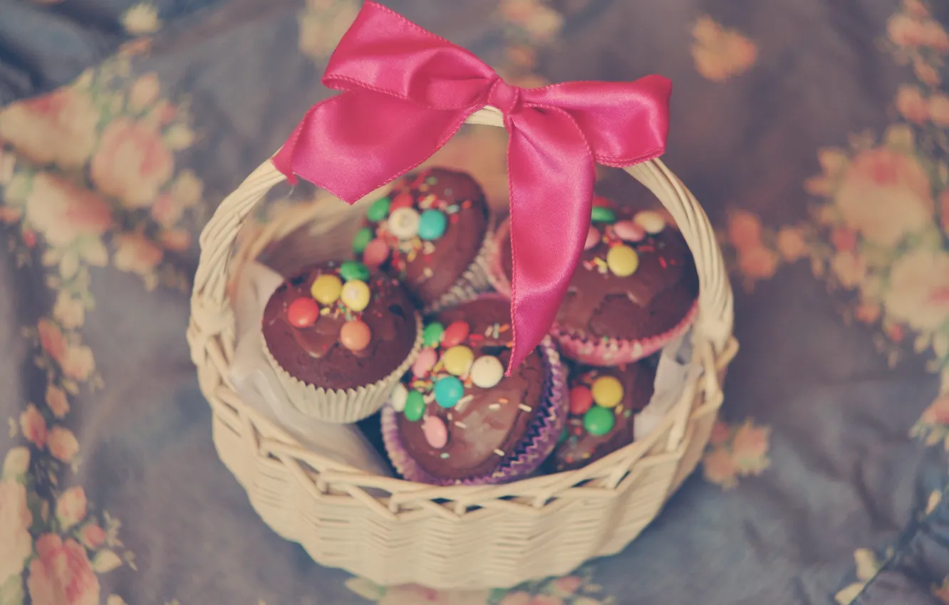 Photo wallpaper bow, basket, bow, cakes, cupcakes