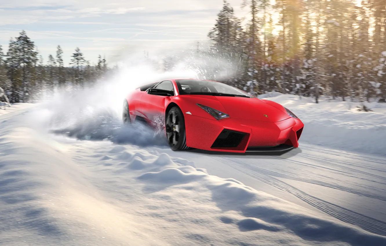 Photo wallpaper winter, forest, the sun, snow, Lamborghini, Reventon, red, Lamborghini