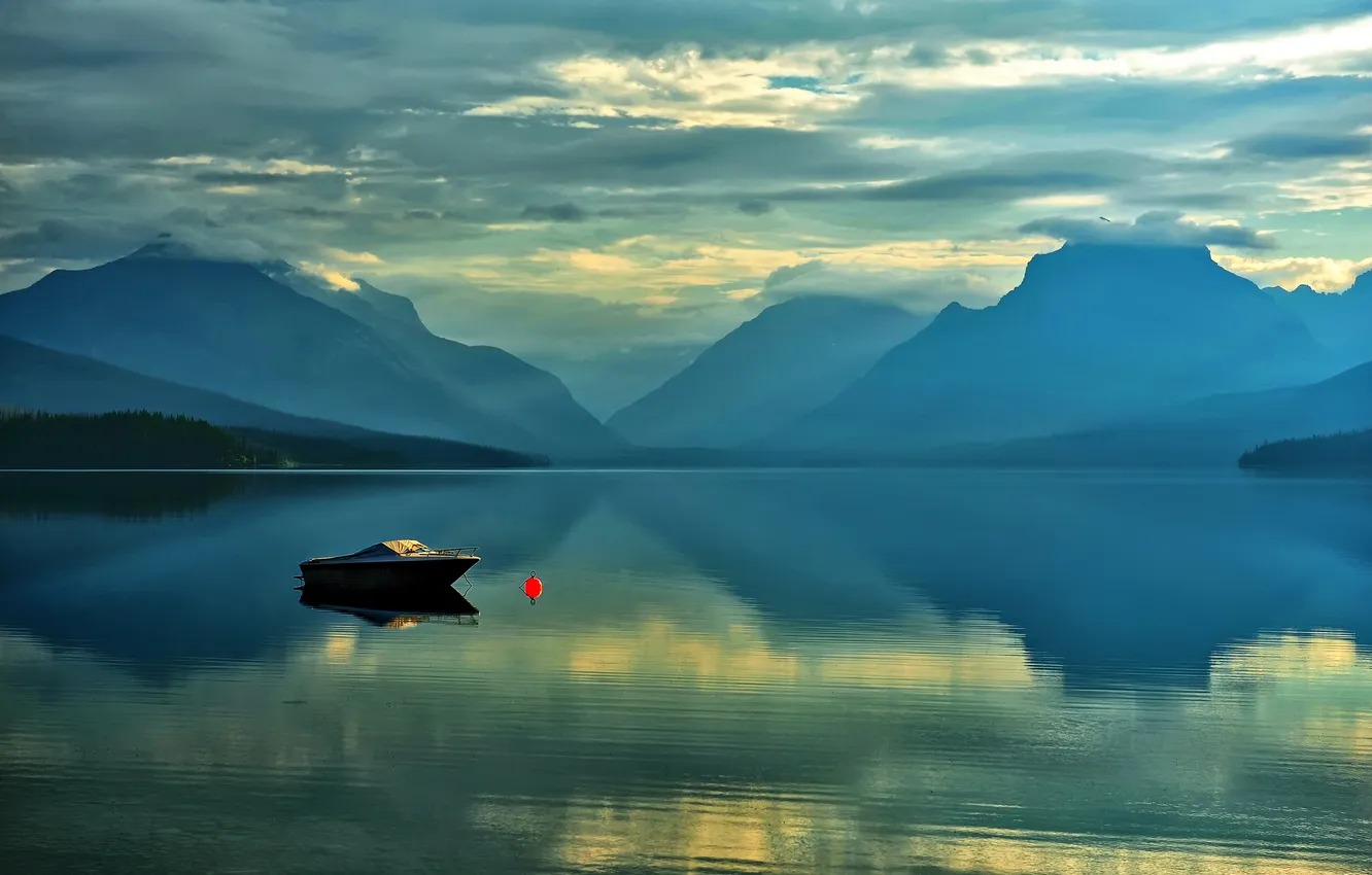 Photo wallpaper the sky, clouds, mountains, lake, boat