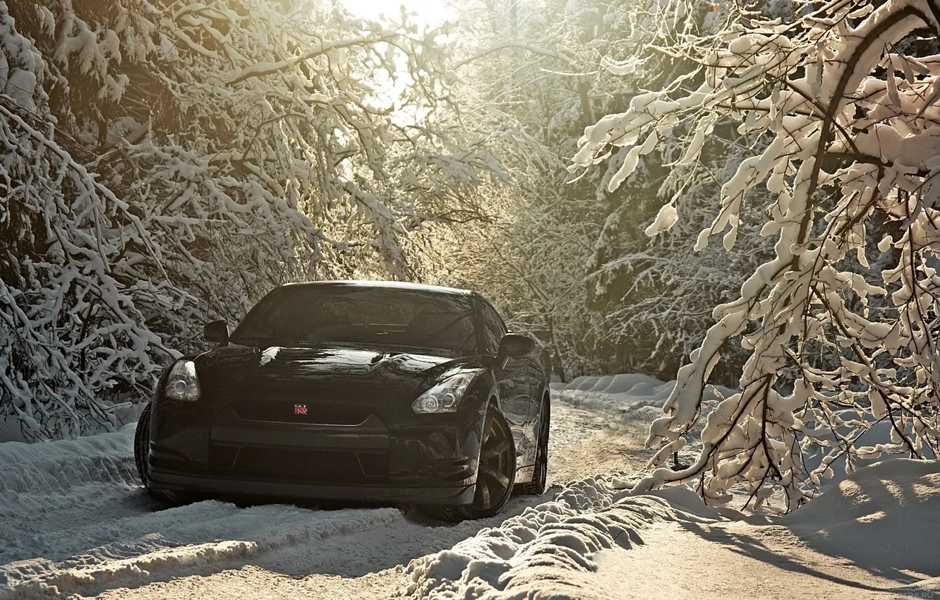 Photo wallpaper winter, landscape, Nissan GT-R, black.