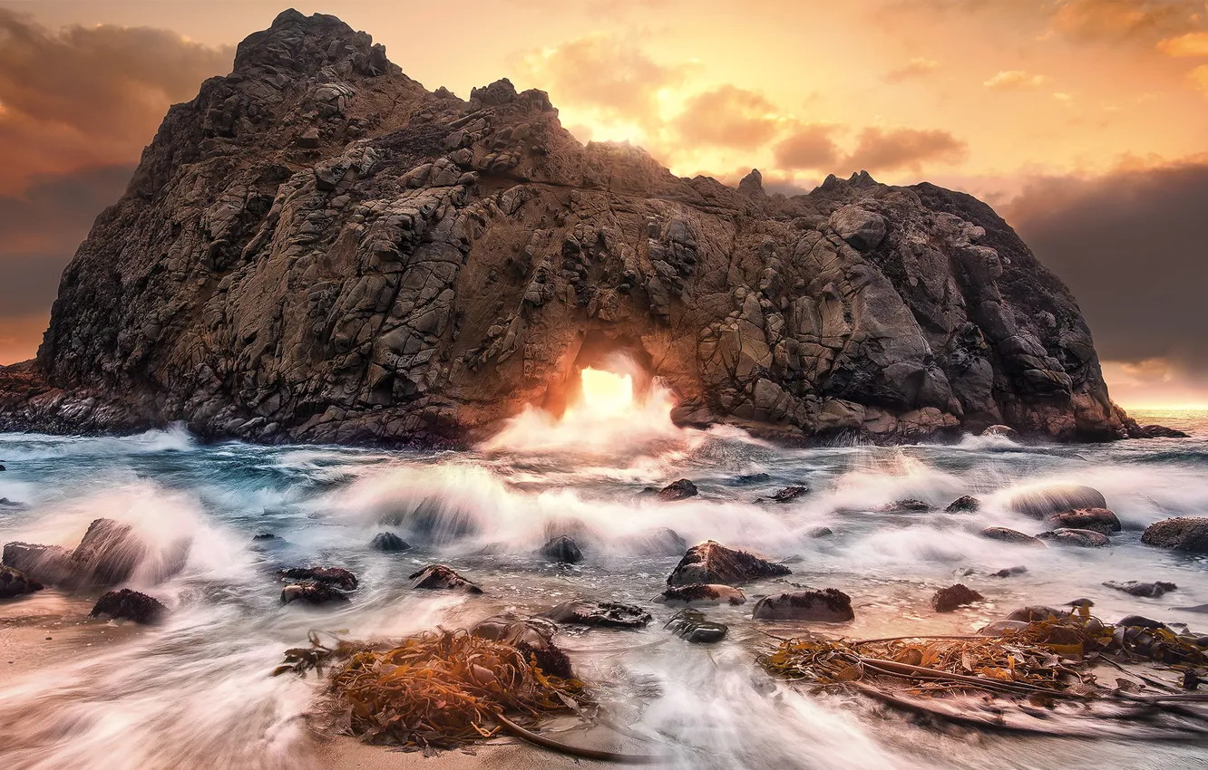 Photo wallpaper sea, sunset, rocks