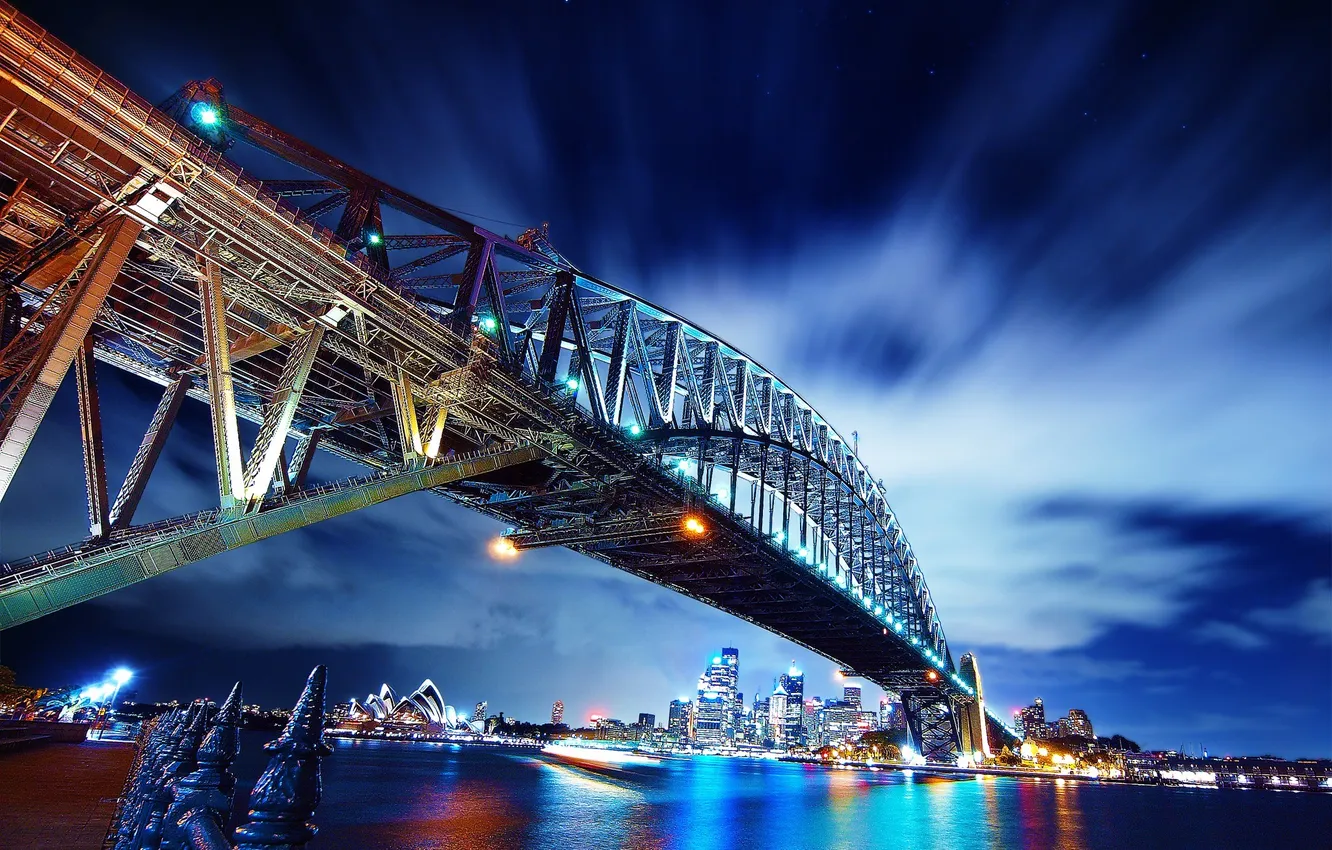 Photo wallpaper the sky, stars, clouds, bridge, the city, lights, the evening, Australia