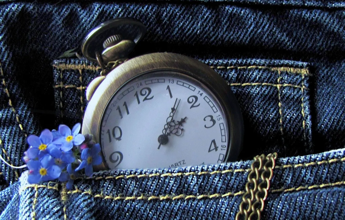 Photo wallpaper flowers, watch, jeans, chain, pocket
