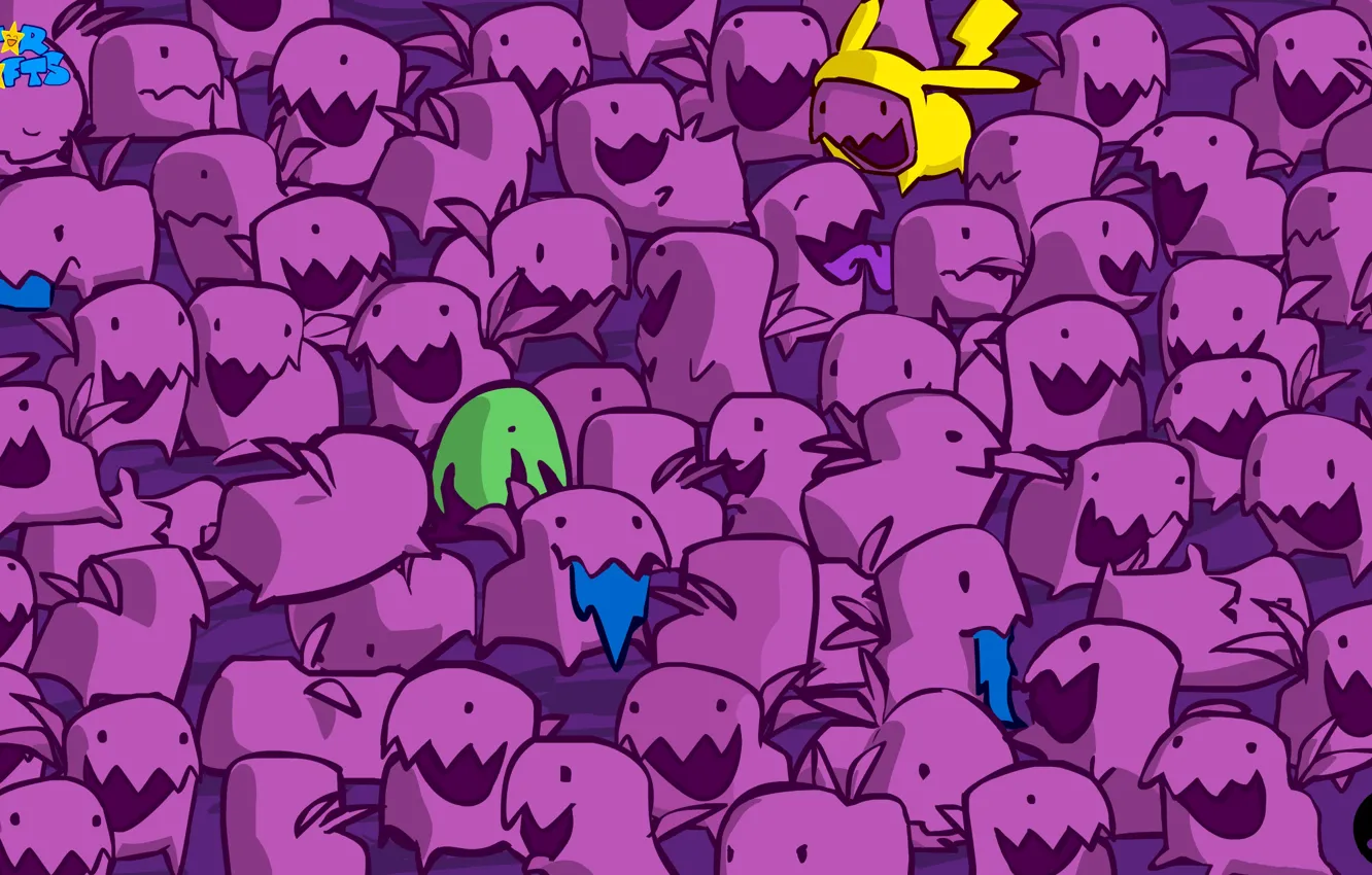 Photo wallpaper purple, green, teeth, Pikachu, ears, crank, purple, star crafts