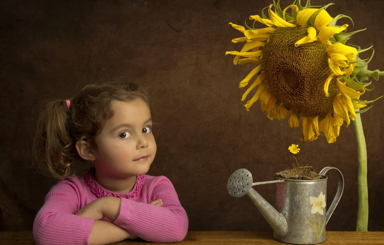 Photo wallpaper sunflowers, flowers, girl, lake