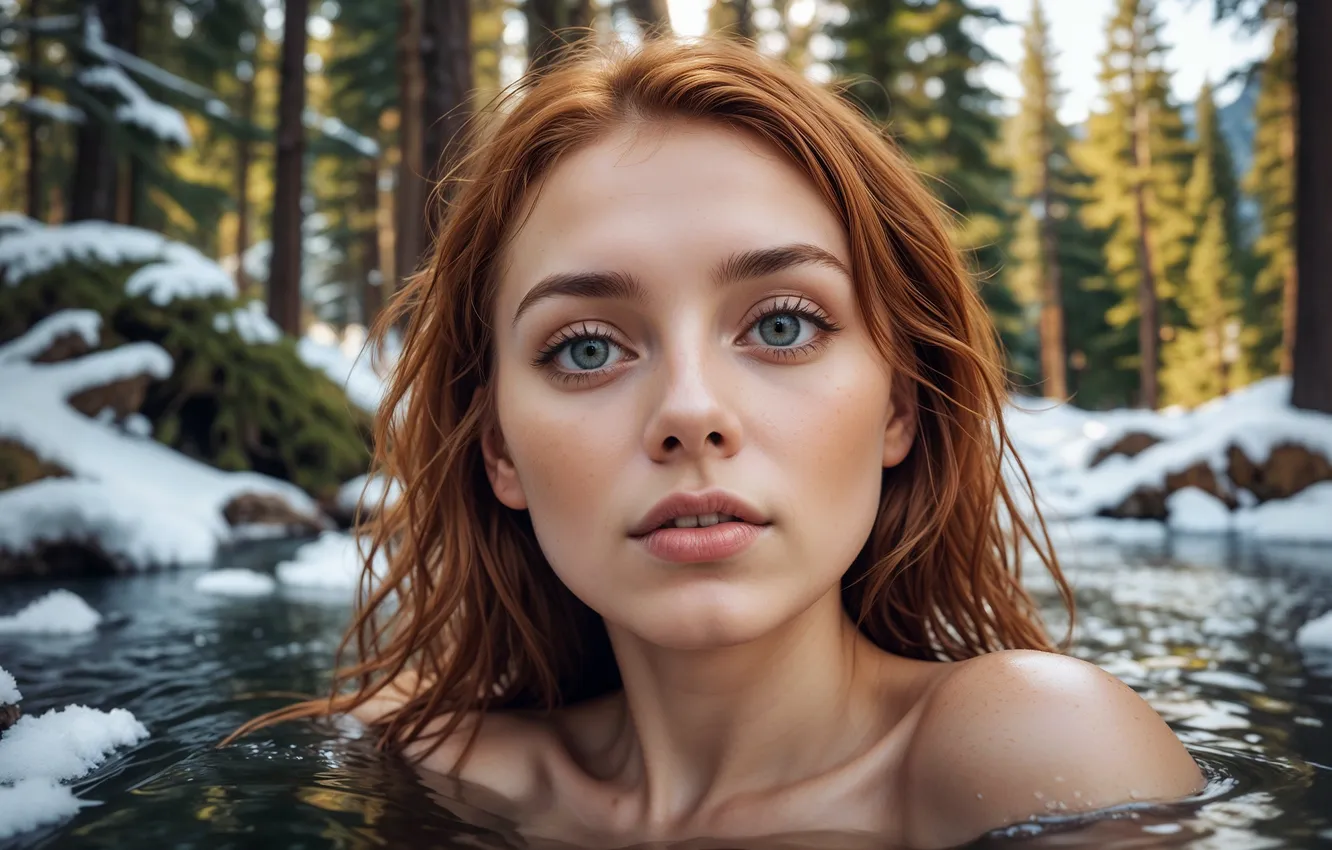 Photo wallpaper winter, forest, eyes, look, girl, nature, smile, portrait