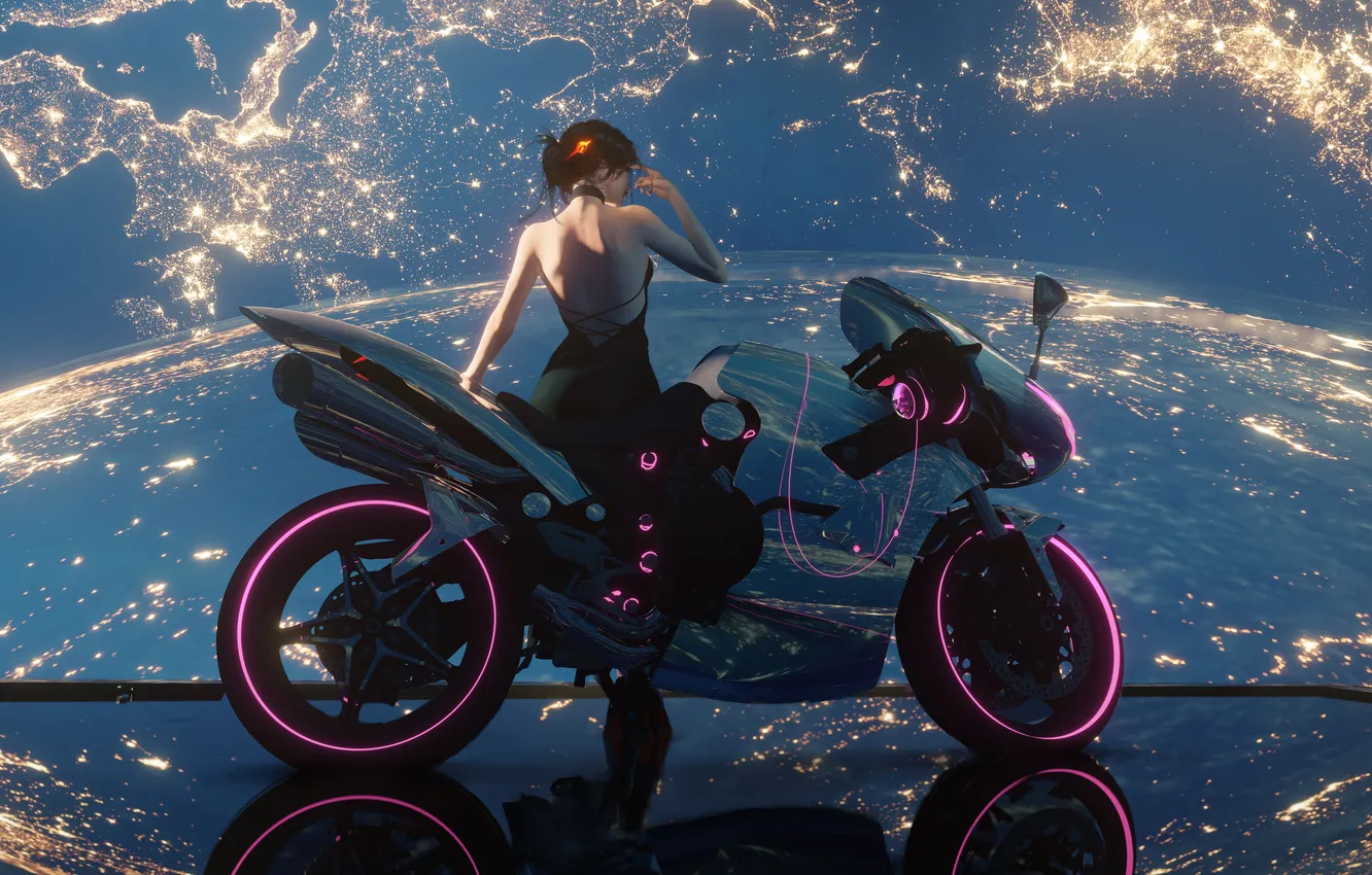 Photo wallpaper Girl, Stars, Planet, Motorcycle, Wlop, By Wlop