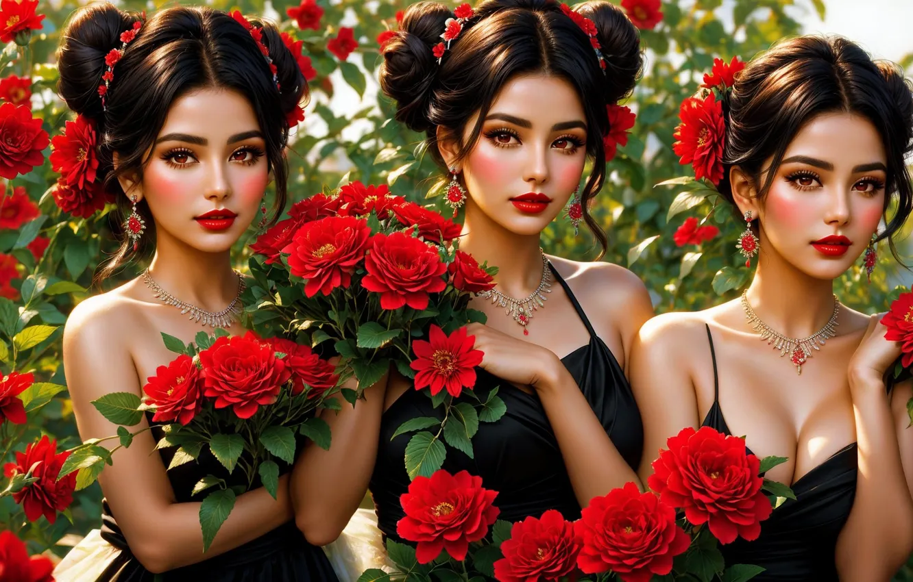 Photo wallpaper flowers, girls, trio, three, sisters, Gemini, twins, triplets