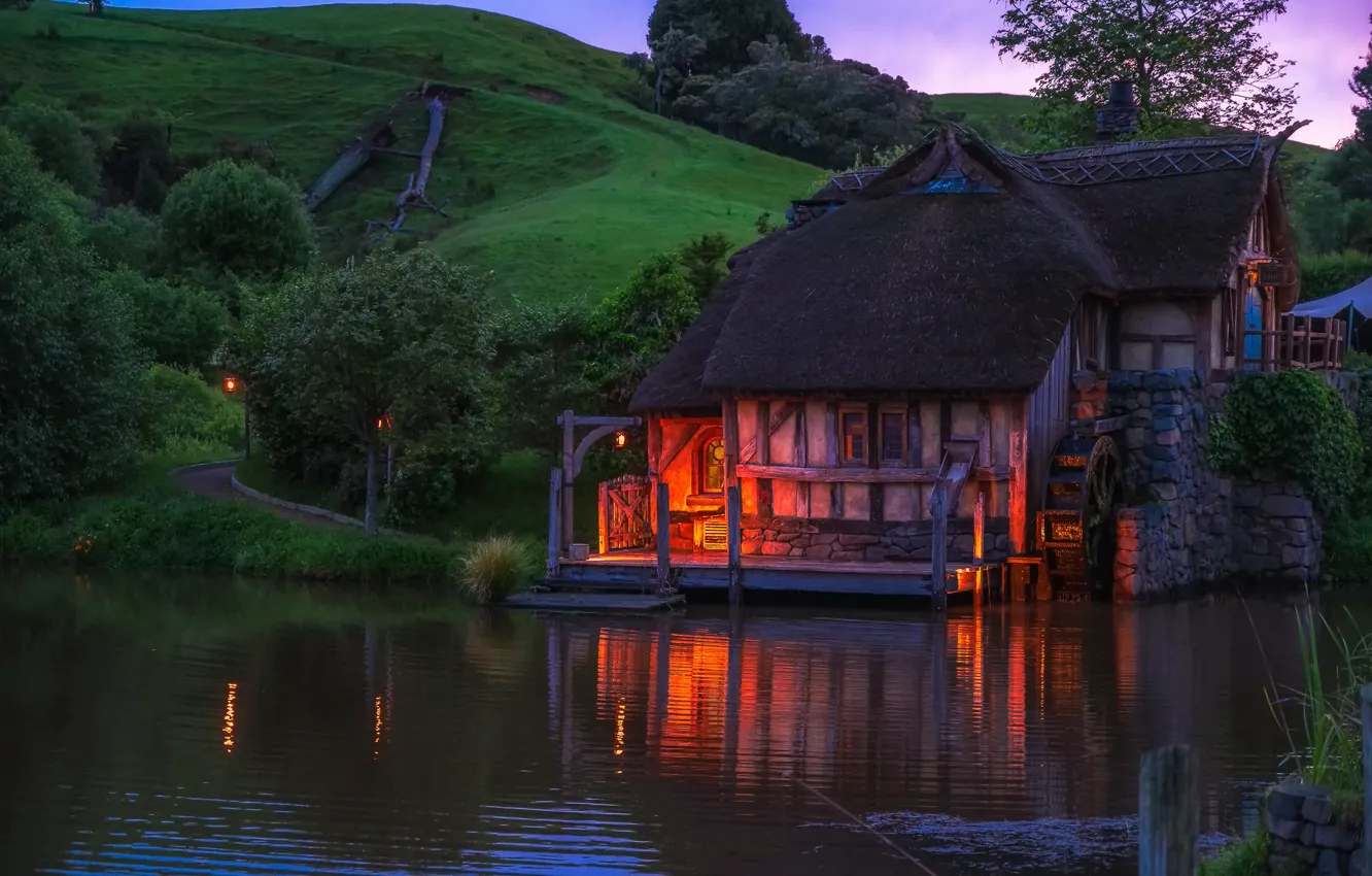 Photo wallpaper shore, house, pond