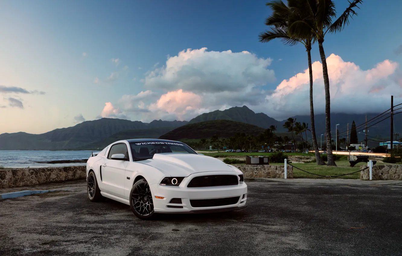 Photo wallpaper Mustang, Ford, Muscle, Car, Hawaii, Front, 5.0, White