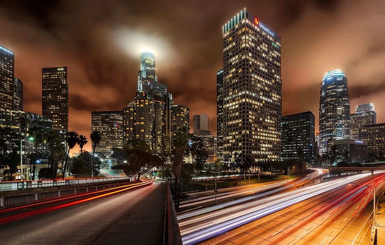 Photo wallpaper night, the city, lights, road, home, skyscrapers, Los Angeles