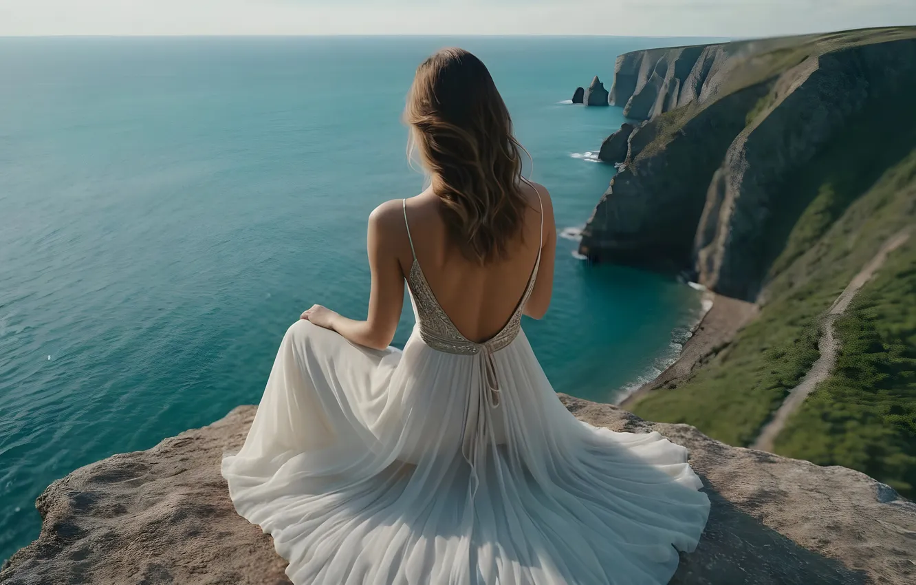 Photo wallpaper sea, girl, mountains, AI art, neural network