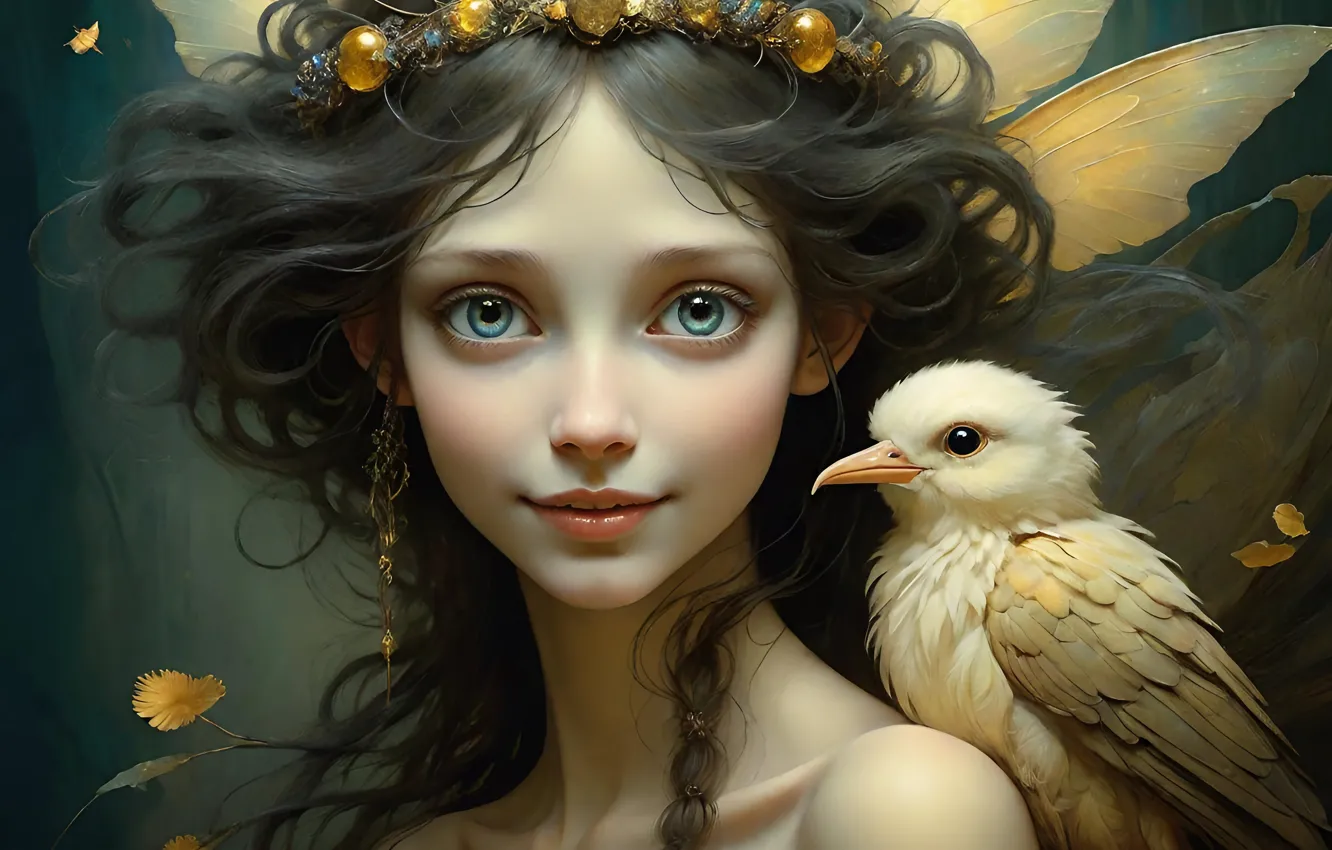 Photo wallpaper look, girl, decoration, bird, portrait, wings, girl, elf