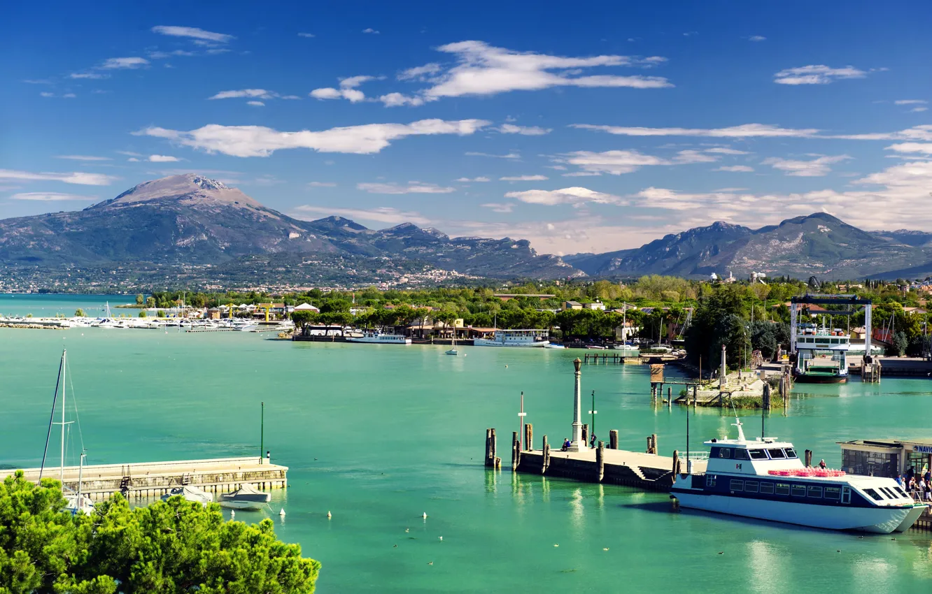 Photo wallpaper trees, mountains, lake, shore, boat, home, pier, boat