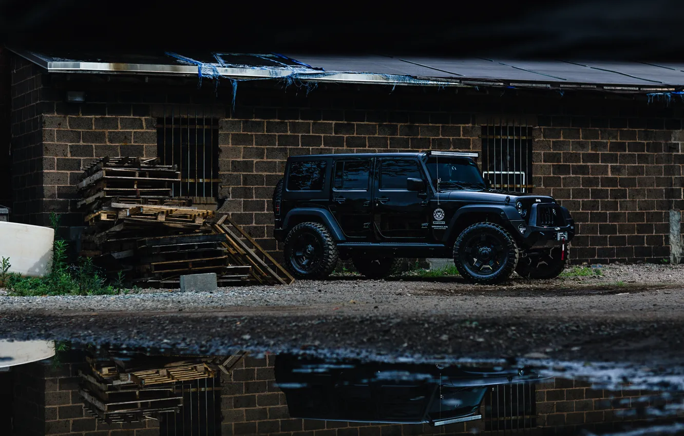 Photo wallpaper car, black, jeep, wrangler, unlimited, vnedorozhnye