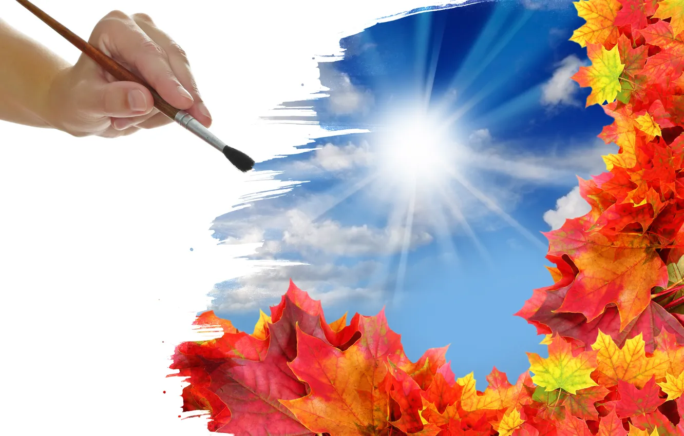Photo wallpaper autumn, leaves, the sun, clouds, figure, hand, brush