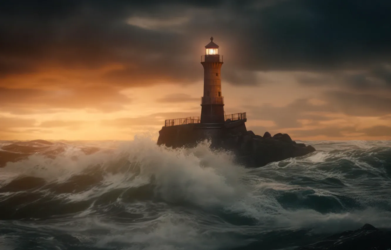 Photo wallpaper sea, wave, light, clouds, storm, lighthouse, digital art, AI art