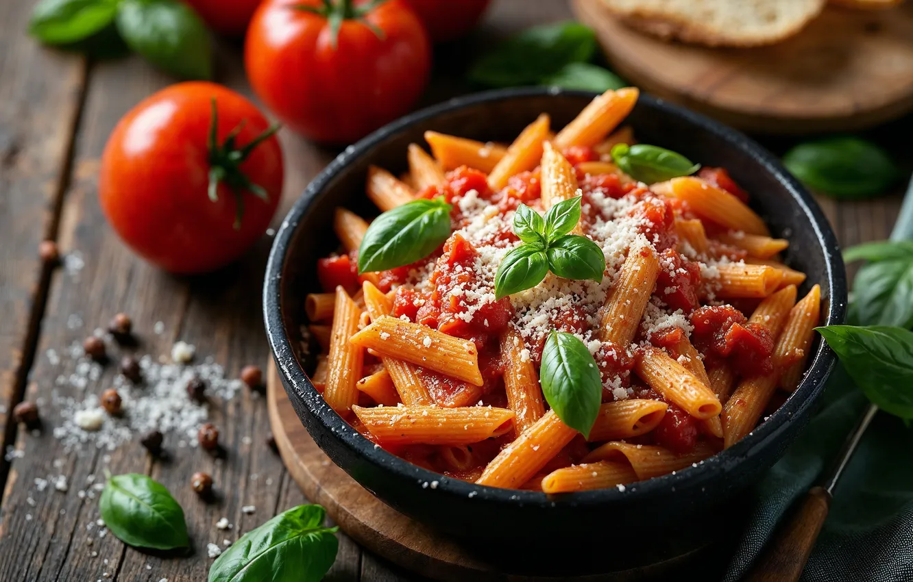 Photo wallpaper tomatoes, closeup, pasta