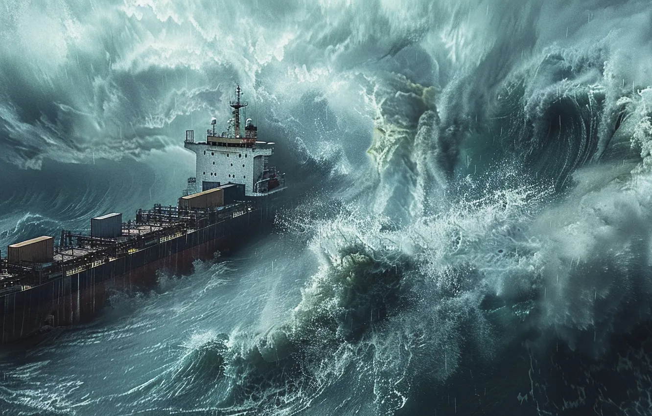 Photo wallpaper sea, wave, storm, ship, A container ship, digital art, AI art, The Art of Artificial …