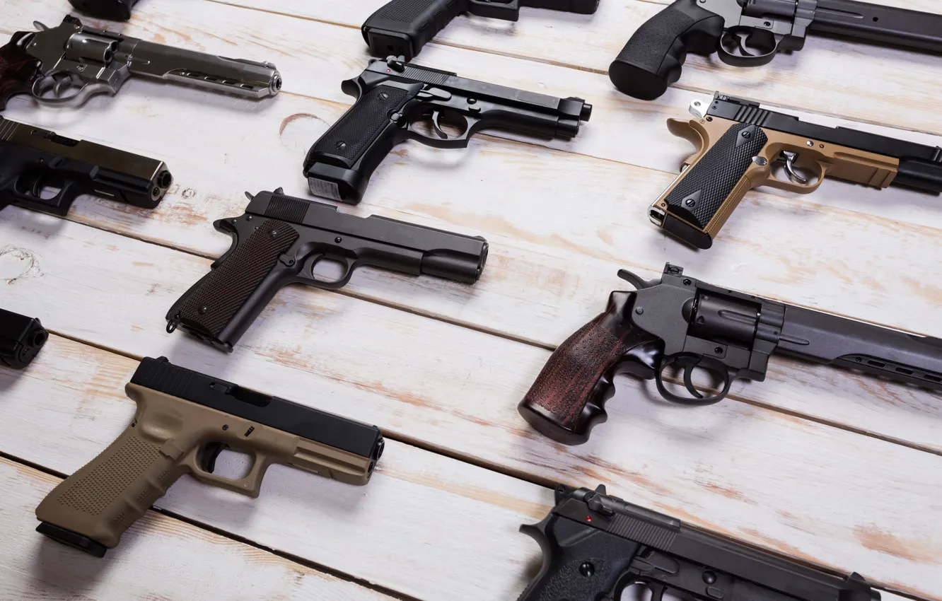 Photo wallpaper pistols, wood, variety, firearms, revolvers