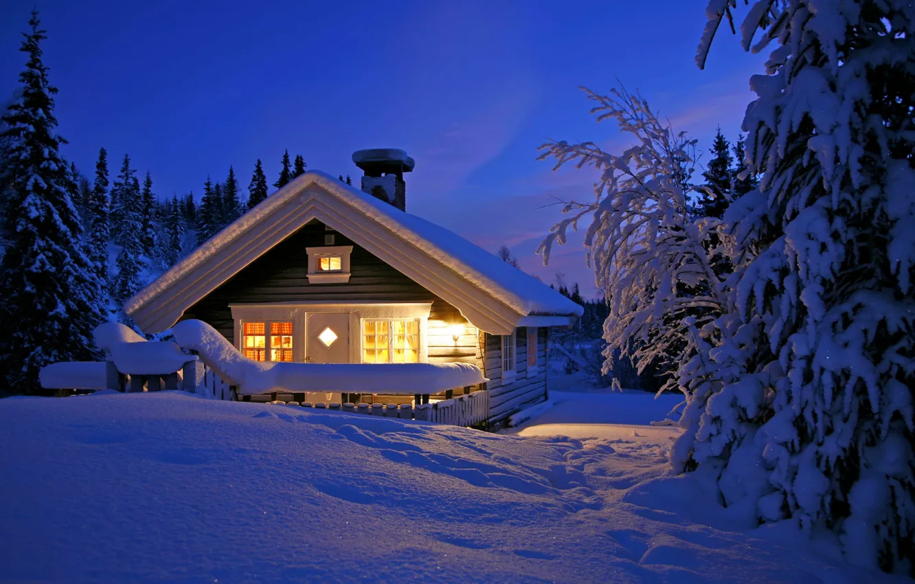 Photo wallpaper winter, the sky, snow, landscape, nature, home, house, white