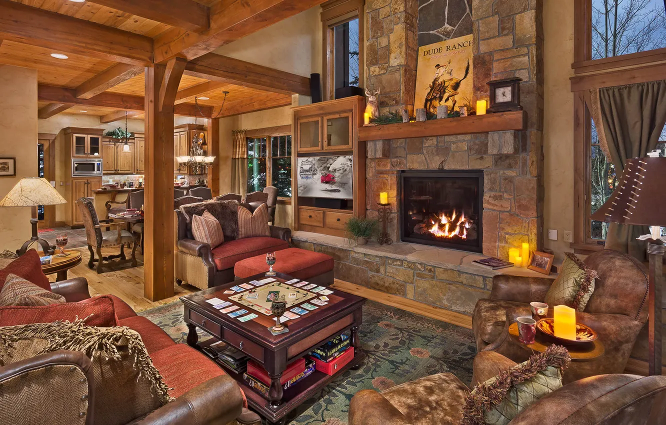 Photo wallpaper design, style, heat, interior, Colorado, kitchen, fireplace, living room