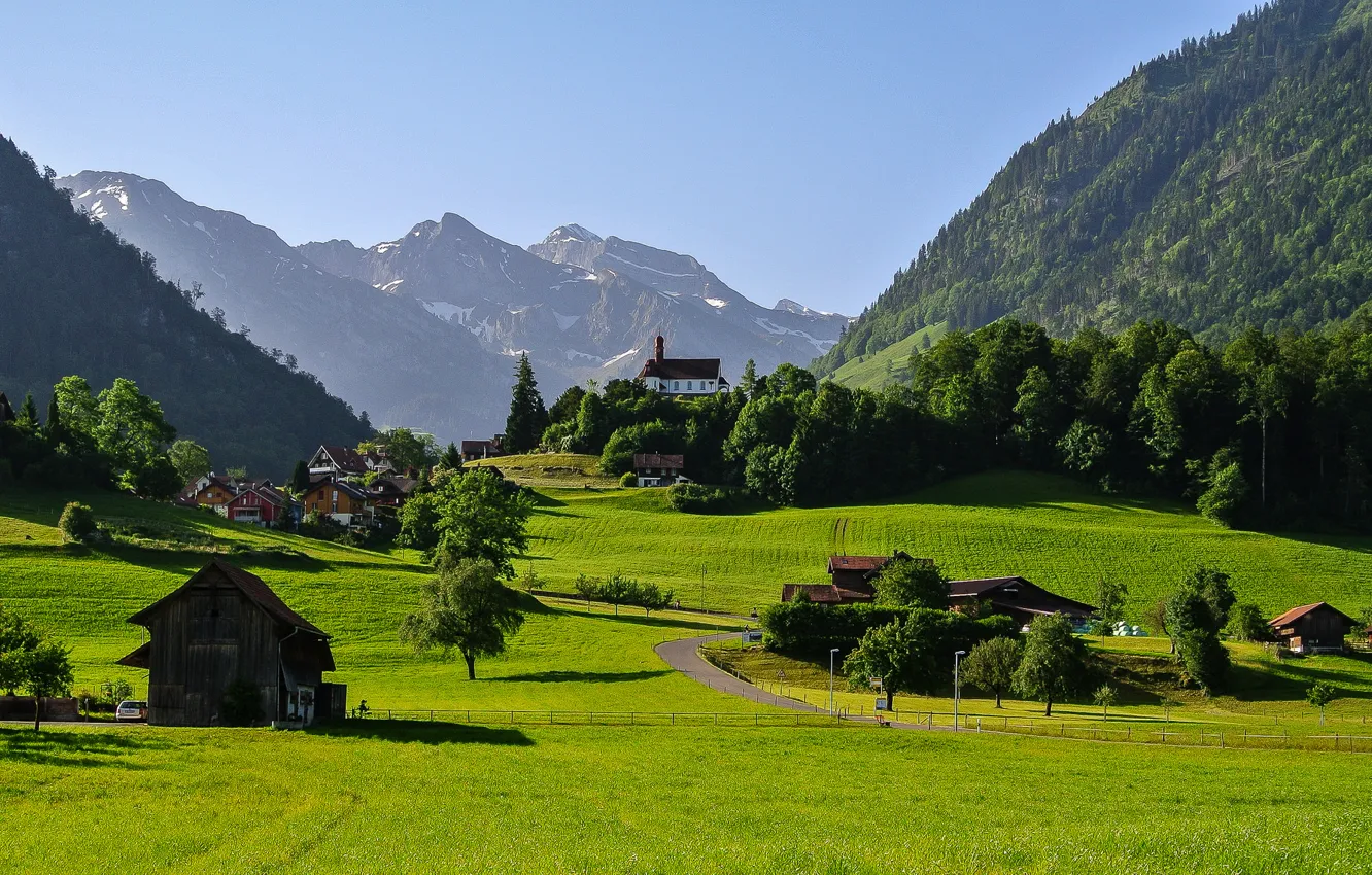 Photo wallpaper road, the sky, grass, trees, mountains, home, Switzerland, valley