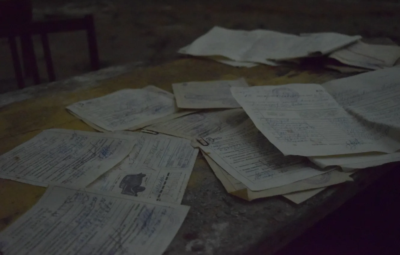 Photo wallpaper old, abandoned, documents, sheets of paper
