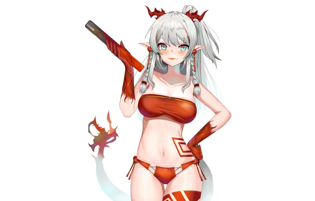 Photo wallpaper girl, sexy, horns, long hair, boobs, anime, tail, beautiful