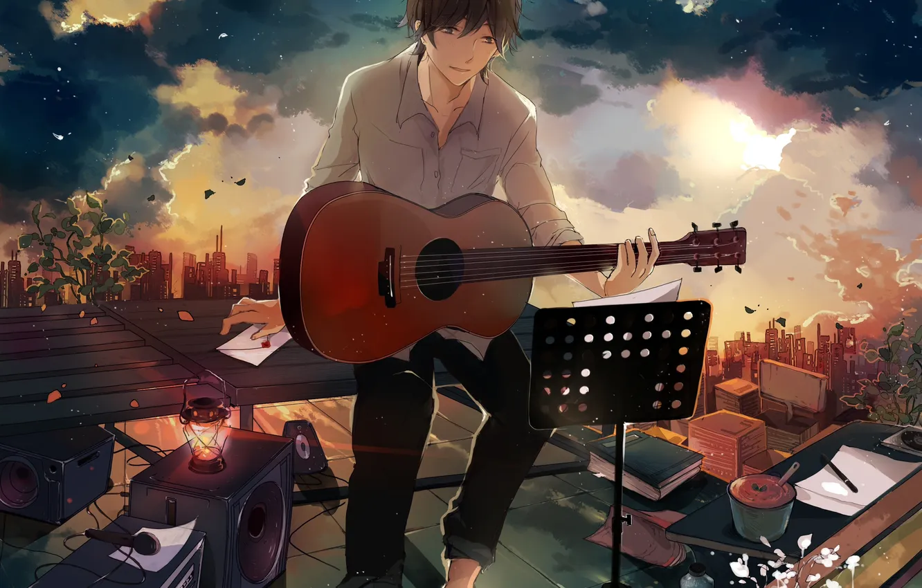 Photo wallpaper the sky, letter, clouds, sunset, the city, guitar, home, anime