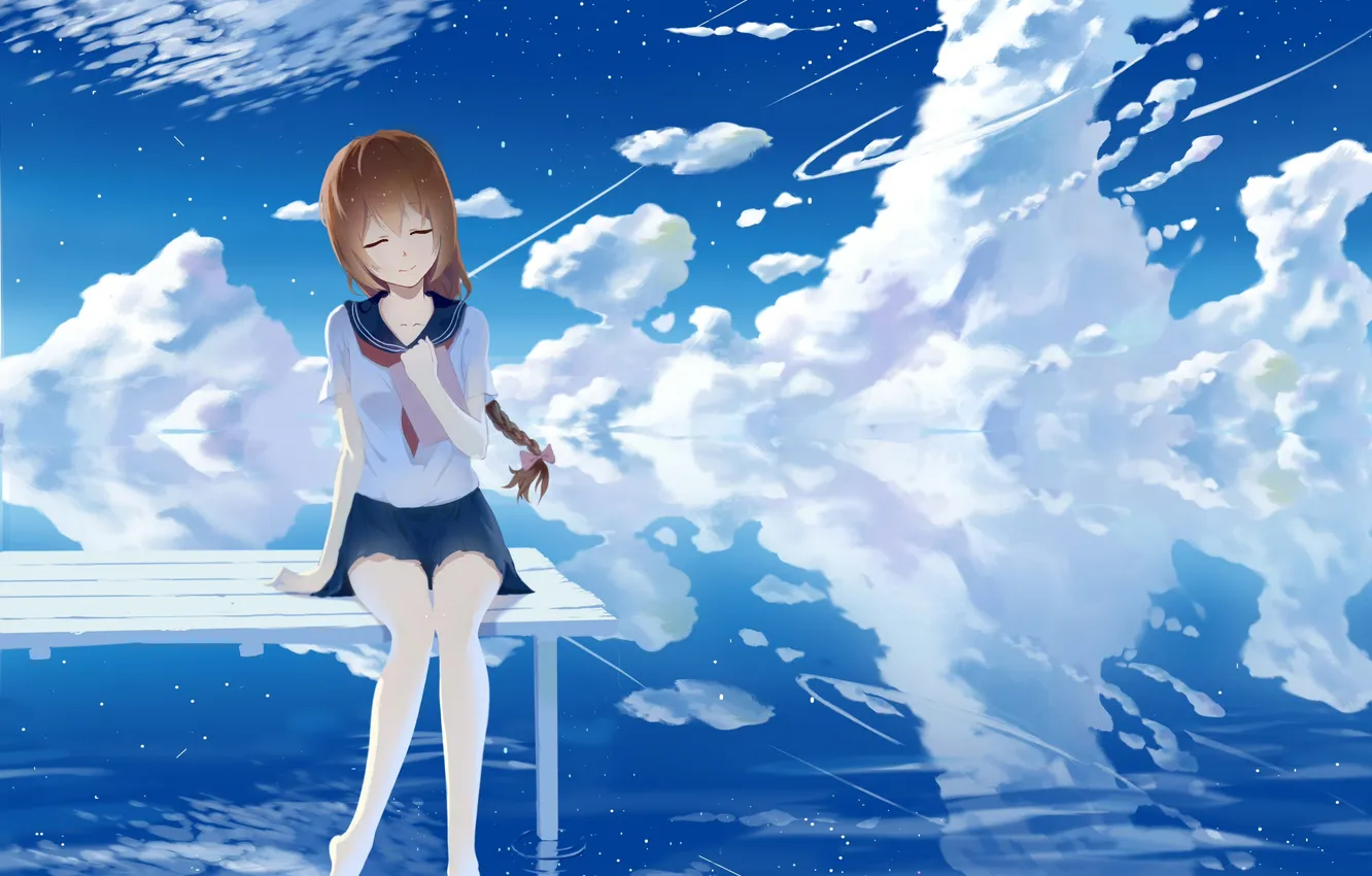 Photo wallpaper the sky, water, girl, clouds, reflection, anime, art, braid