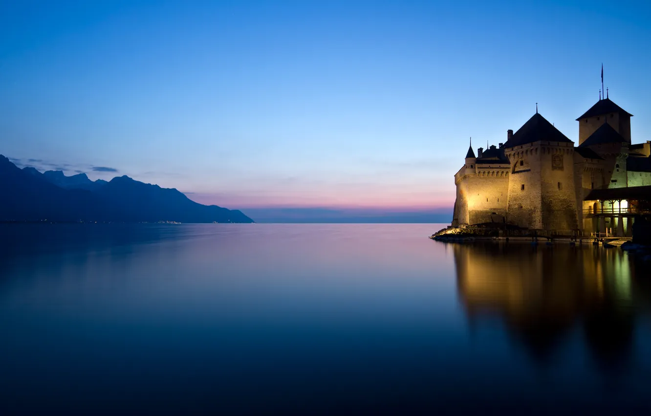 Photo wallpaper the sky, water, light, landscape, sunset, mountains, nature, lights