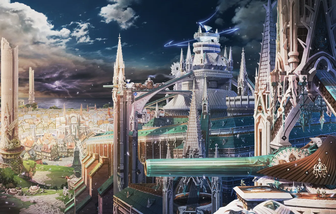 Photo wallpaper clouds, the city, fiction, lightning, building, storm, gun, harbour