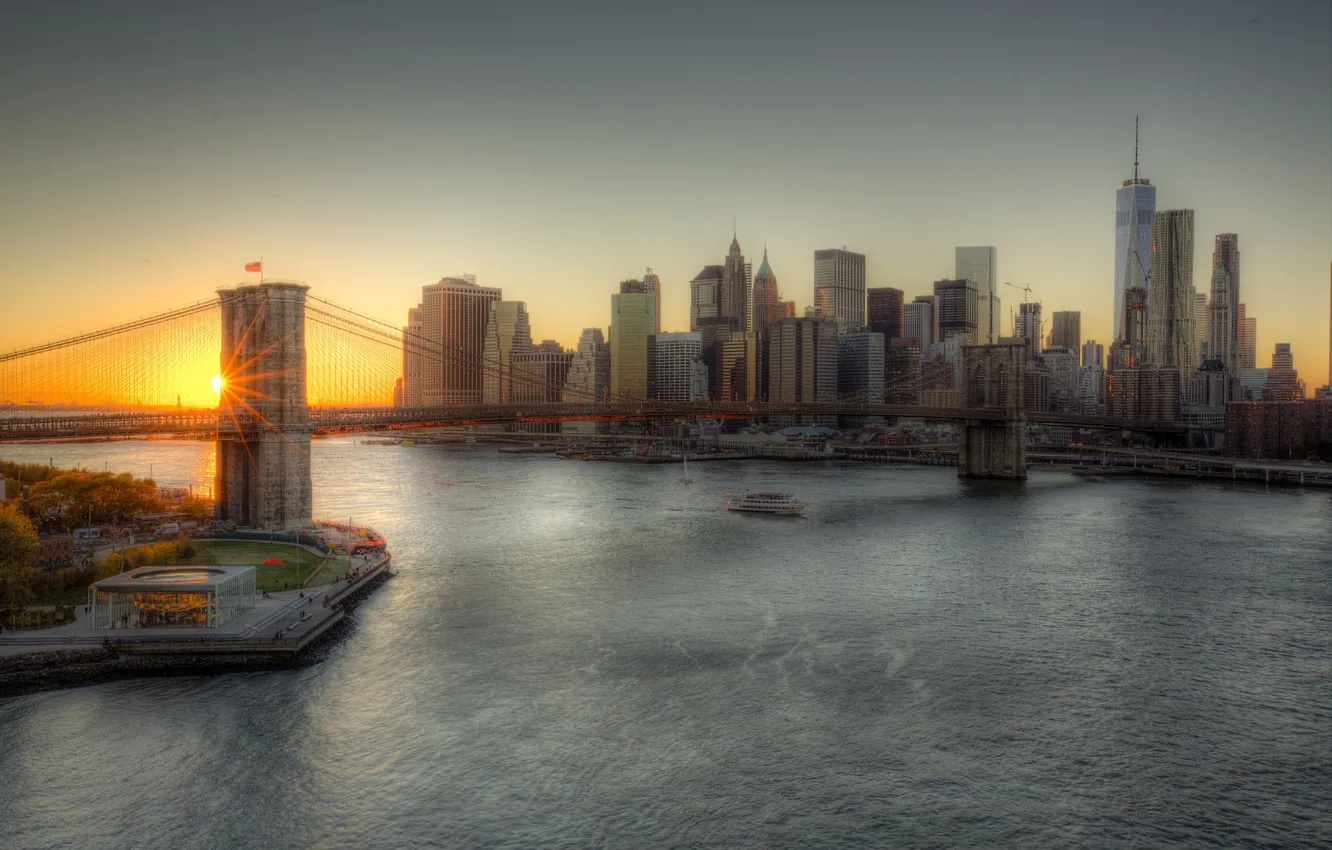 Photo wallpaper United States, sunset, Brooklyn, Manhattan, Brooklyn Bridge, One World Trade Center, 1WTC, OWTC