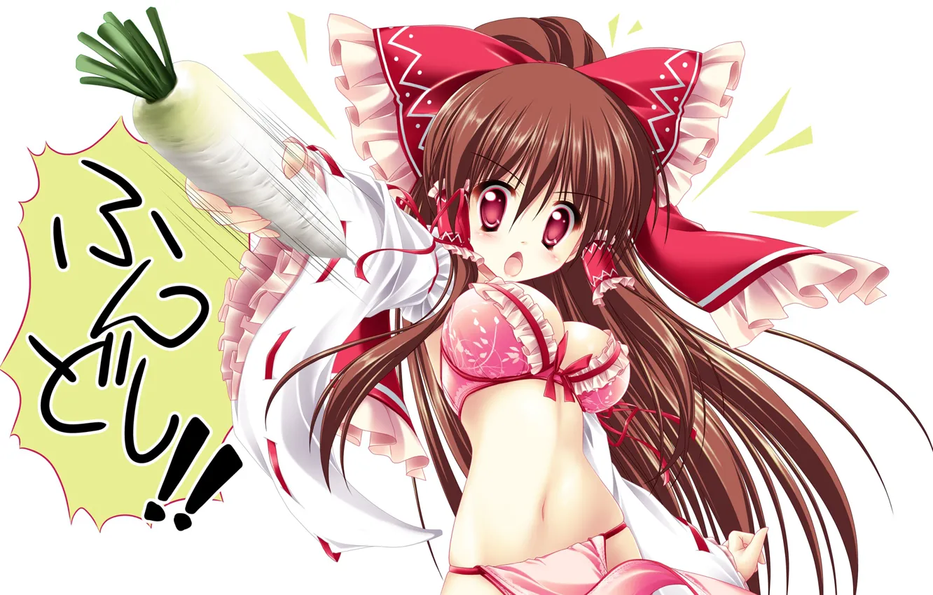 Photo wallpaper characters, priestess, gesture, ruffles, red bow, Hakurei Reimu, Touhou Project, Project East