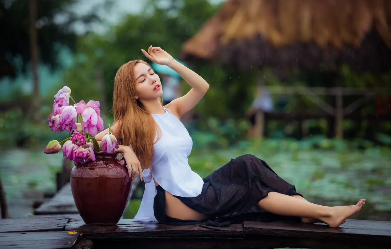 Photo wallpaper water, girl, nature, face, pose, makeup, Asian, sitting