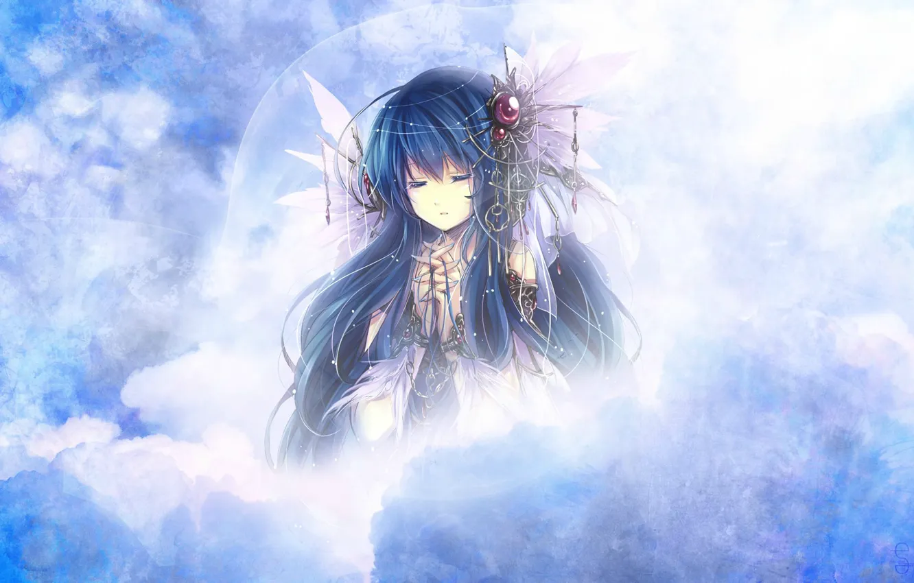 Photo wallpaper girl, decoration, blue hair, prayer, closed eyes