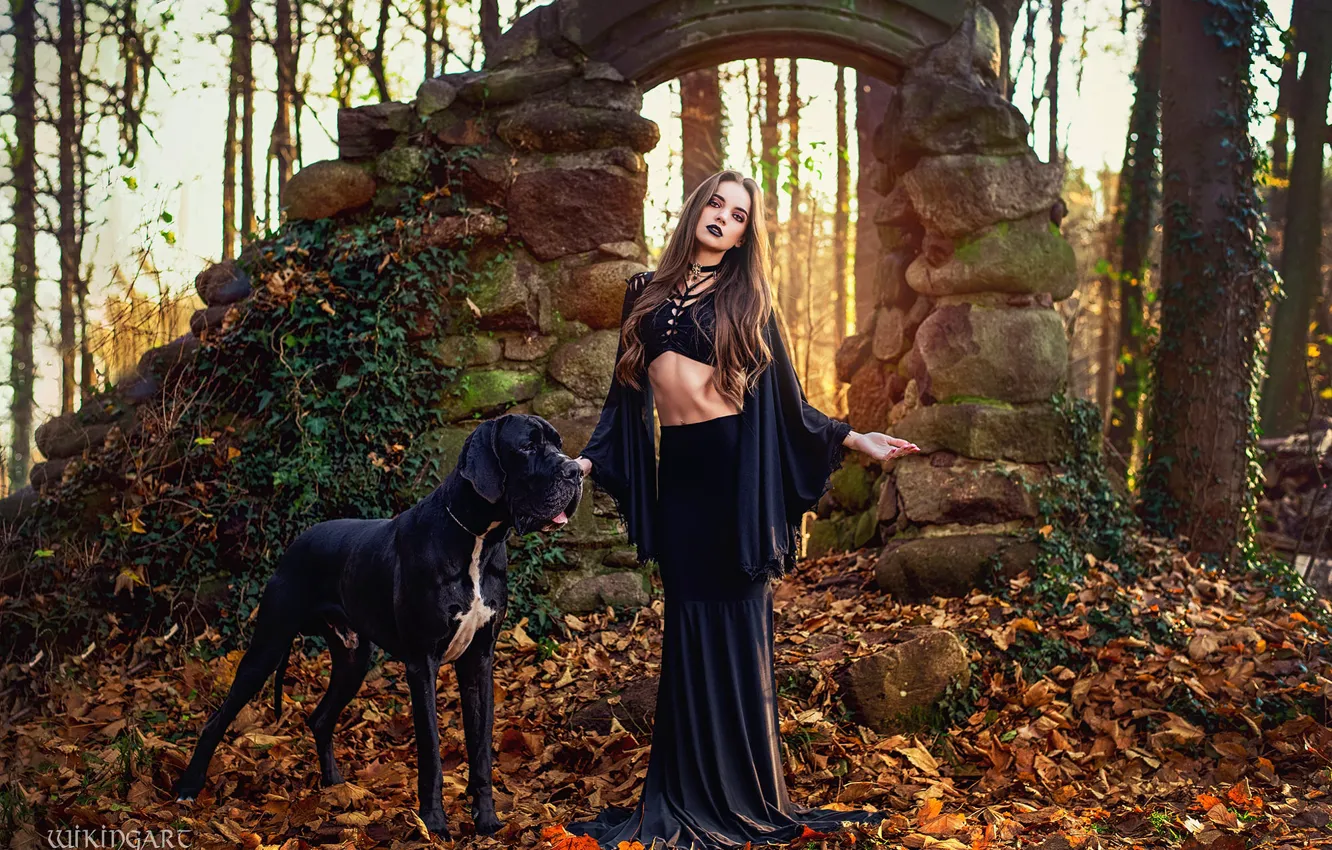 Photo wallpaper girl, nature, pose, style, dog, makeup, costume, outfit
