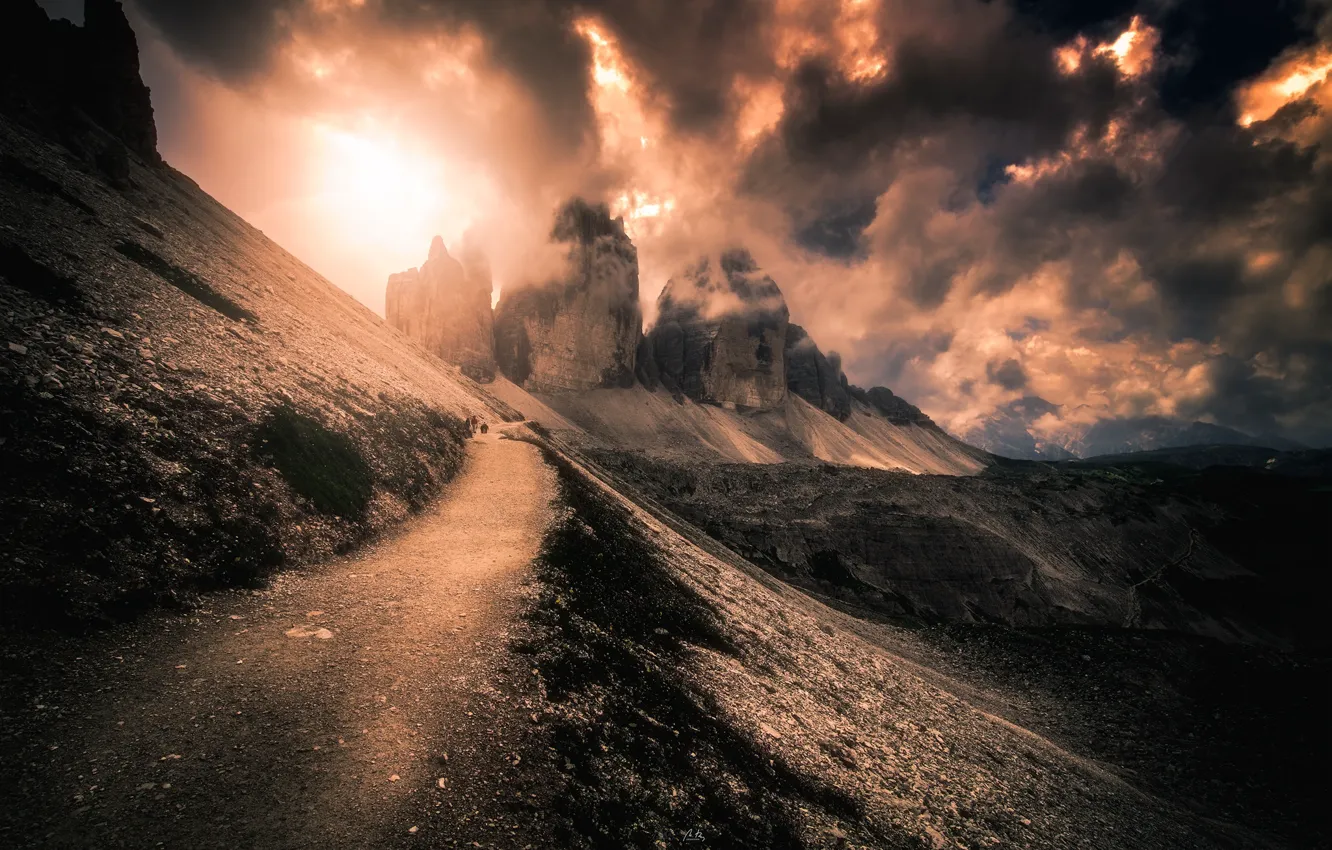 Photo wallpaper road, mountains, fog