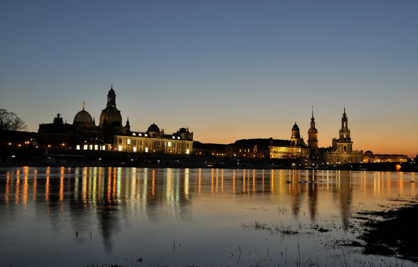 Photo wallpaper lights, river, home, the evening, Germany, Dresden