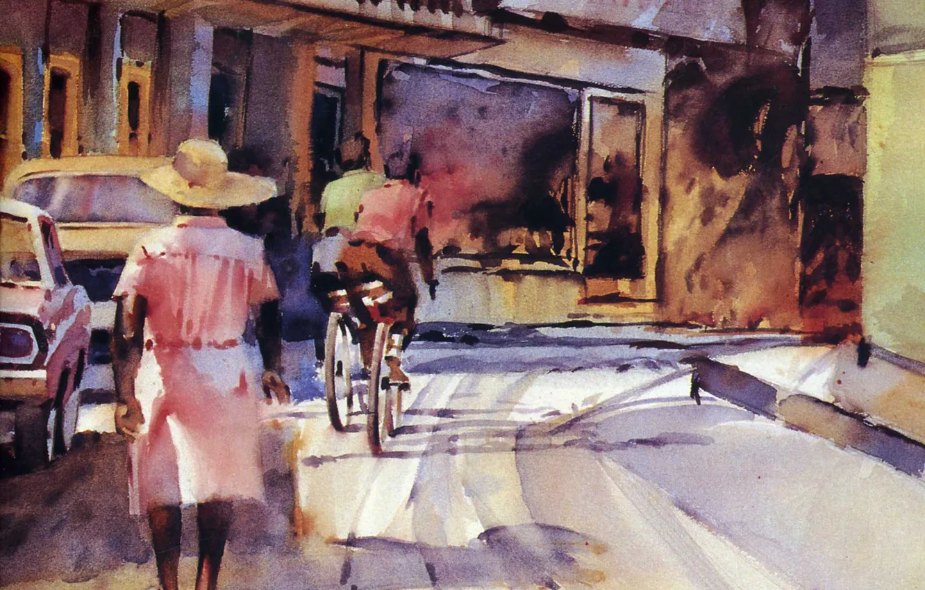 Photo wallpaper the city, street, picture, cyclist, car, the lady in the hat