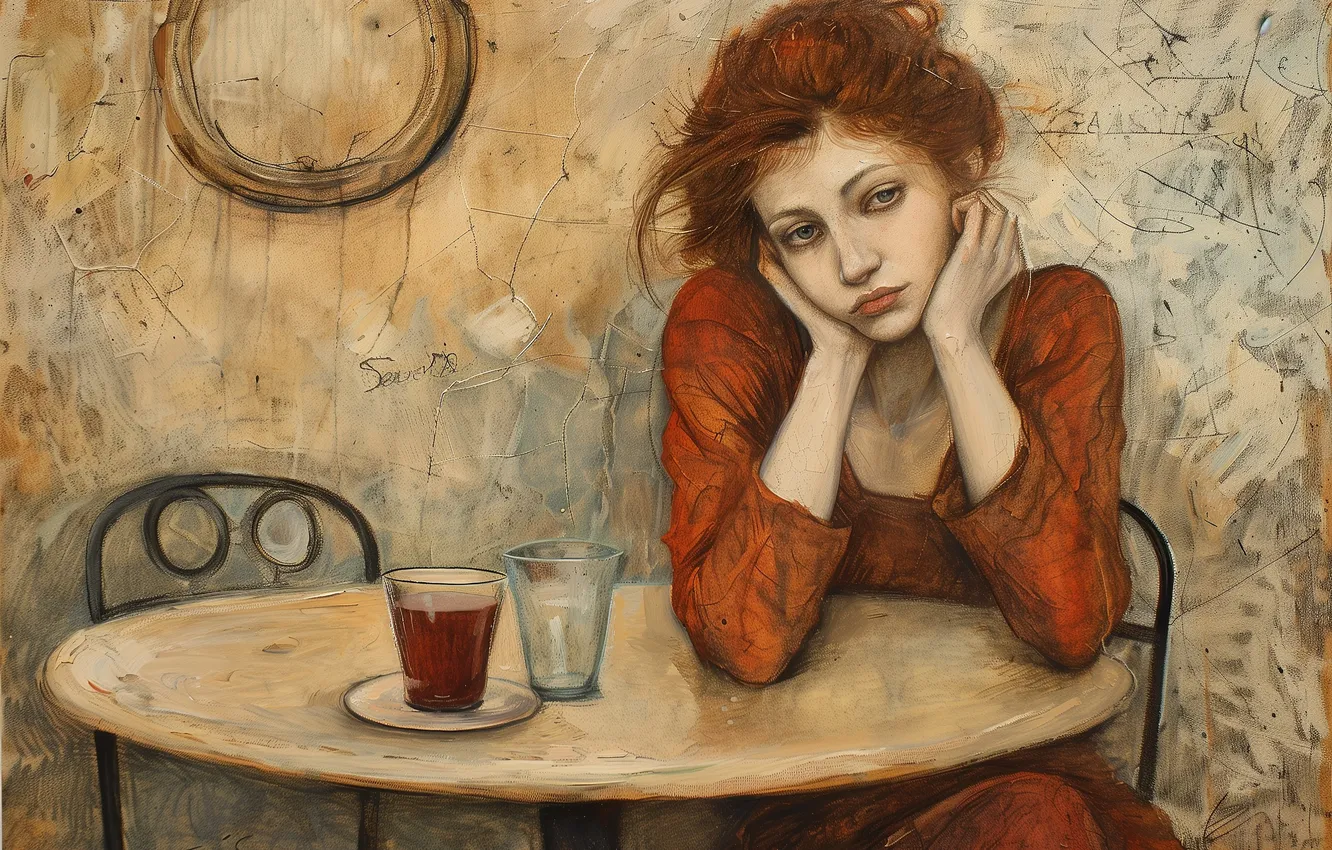 Photo wallpaper look, girl, glass, pose, table, wall, tea, cafe