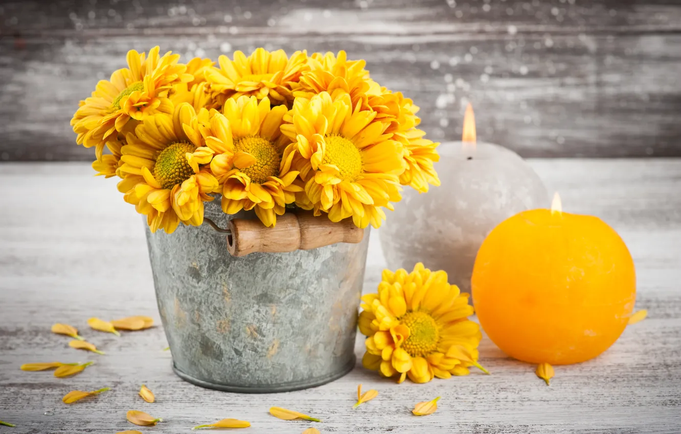 Photo wallpaper yellow, bouquet, candles, chrysanthemum, bucket, composition