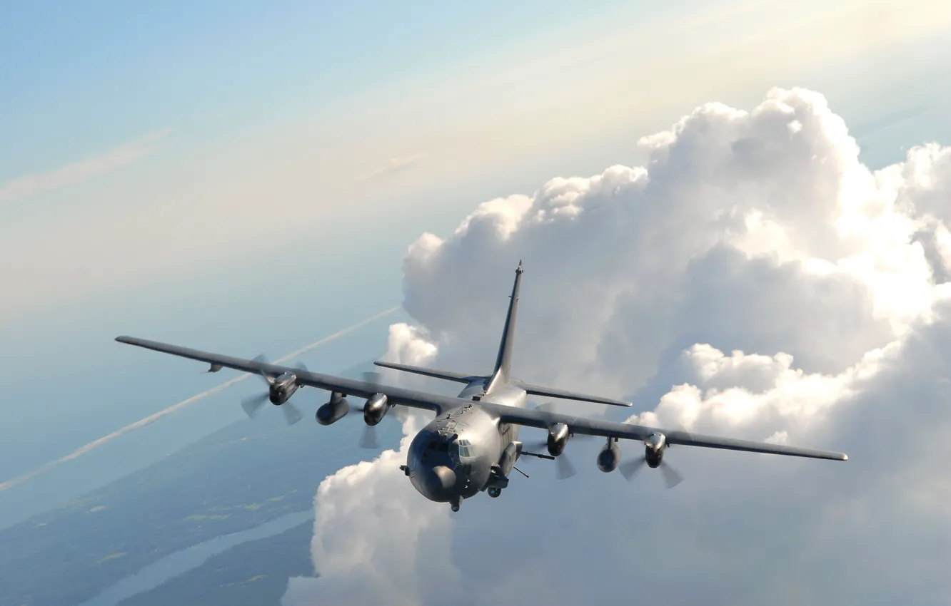 Photo wallpaper the sky, clouds, flight, the plane, Lockheed AC-130U Spooky